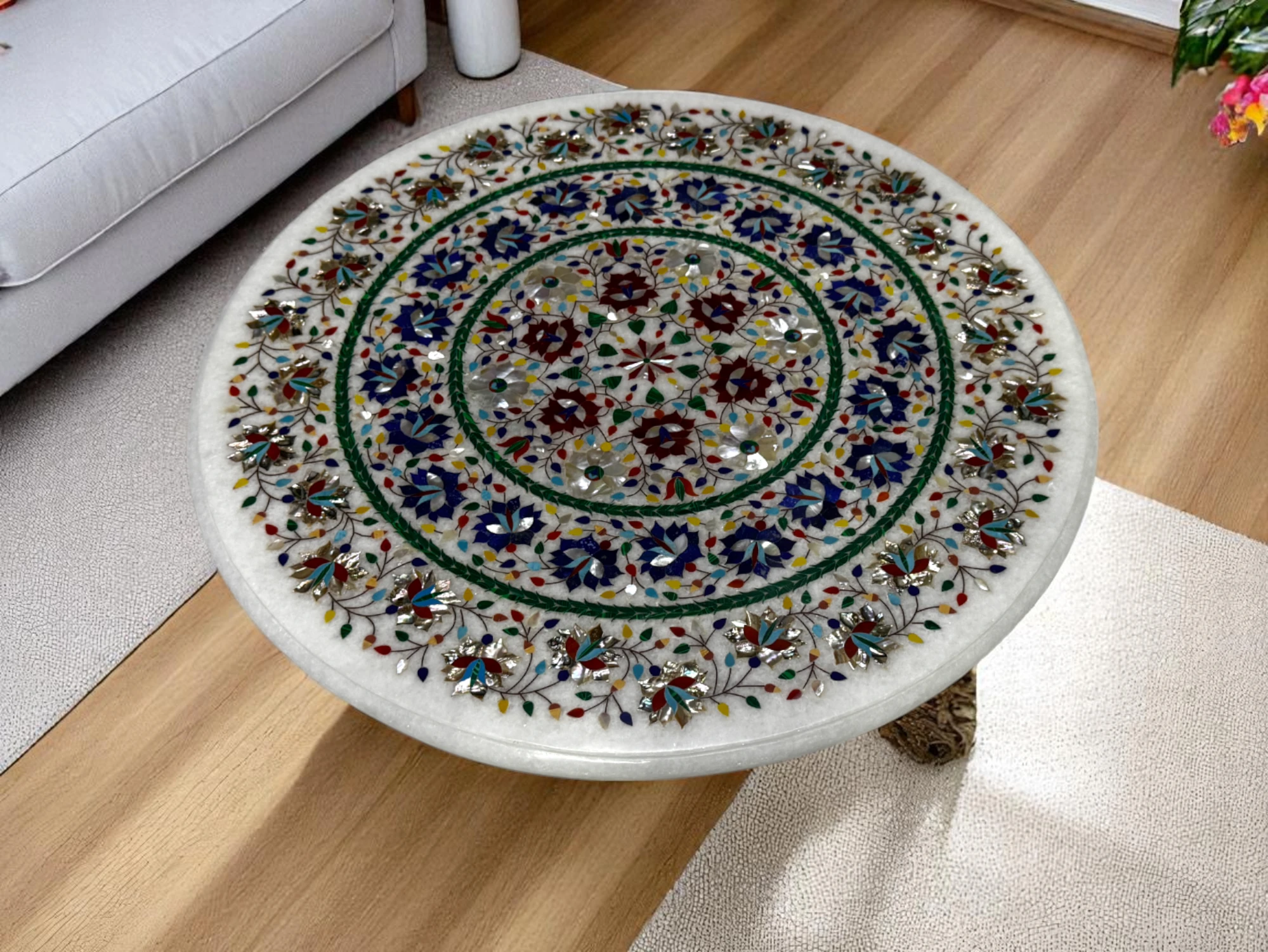 Luxury Marble Coffee Table with Multi Precious Gemstone Inlay Buy Online